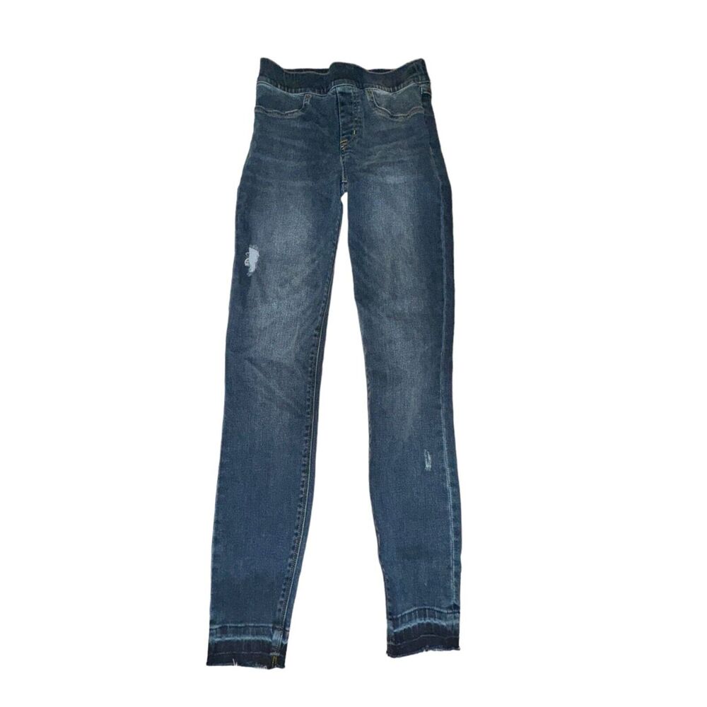 Spanx Distressed Ankle Skinny Jeans Size XS Blue High Rise Compression Raw Hem